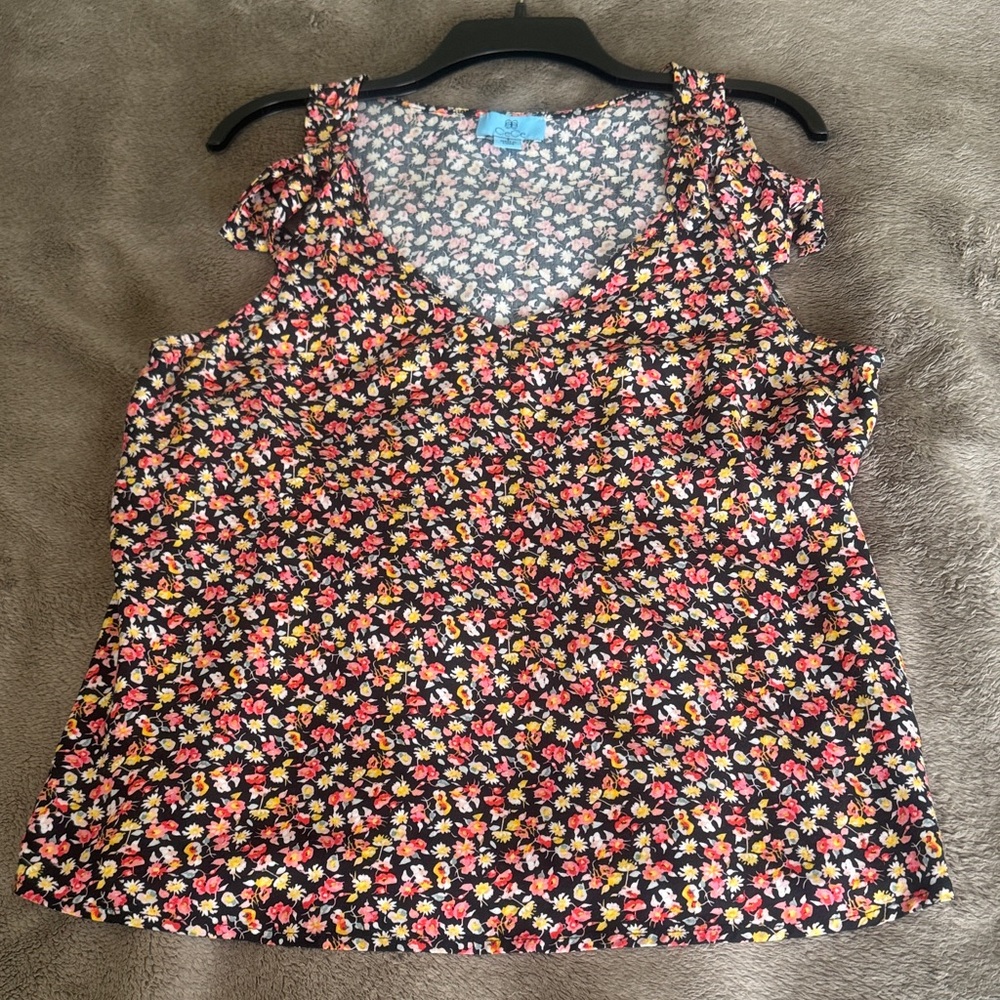 Black Floral V-Neck Sleeveless Top with Pink & Yellow Flowers